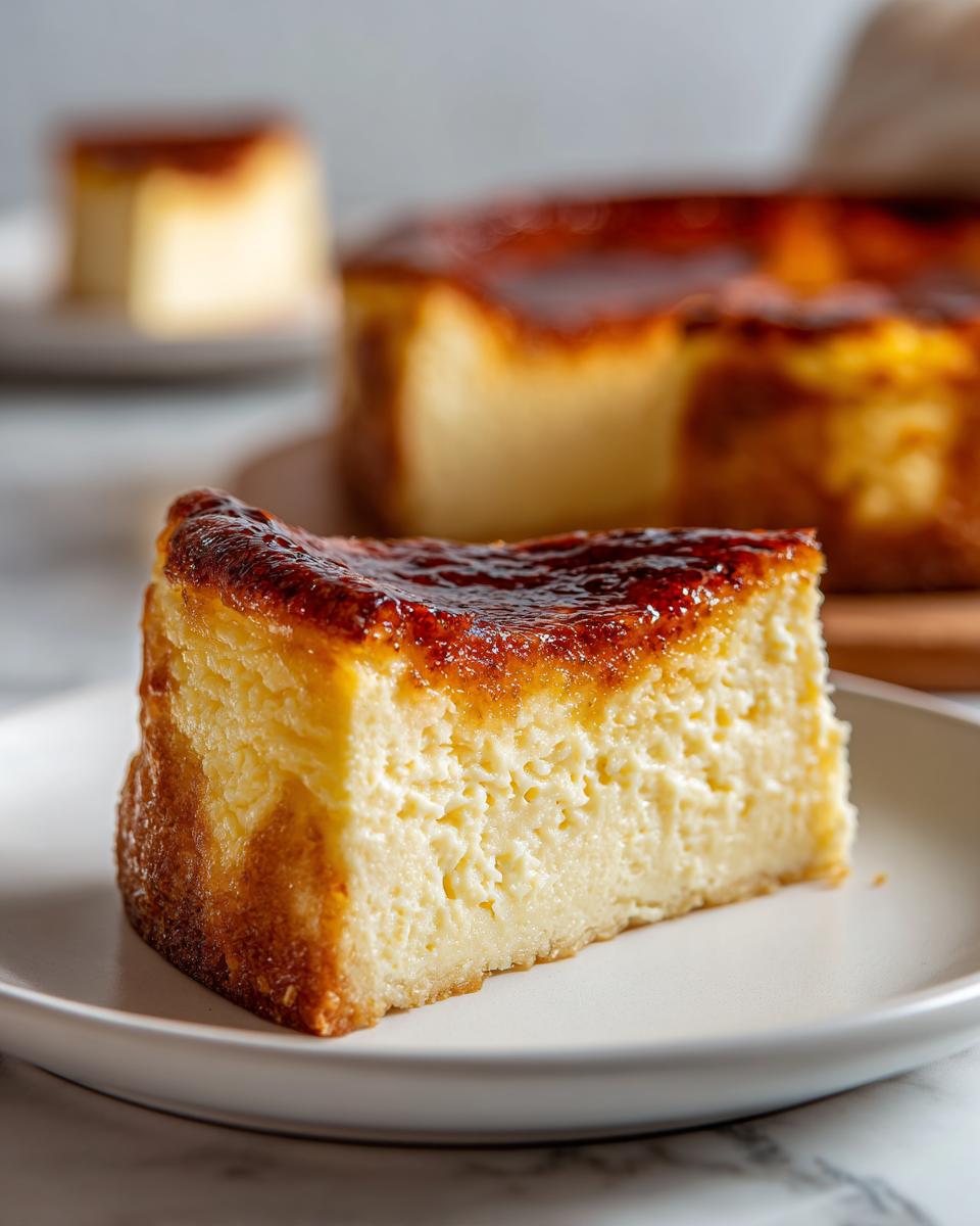 A close-up of a thick slice of creme brulee cheesecake showing its creamy texture and caramelized top.
