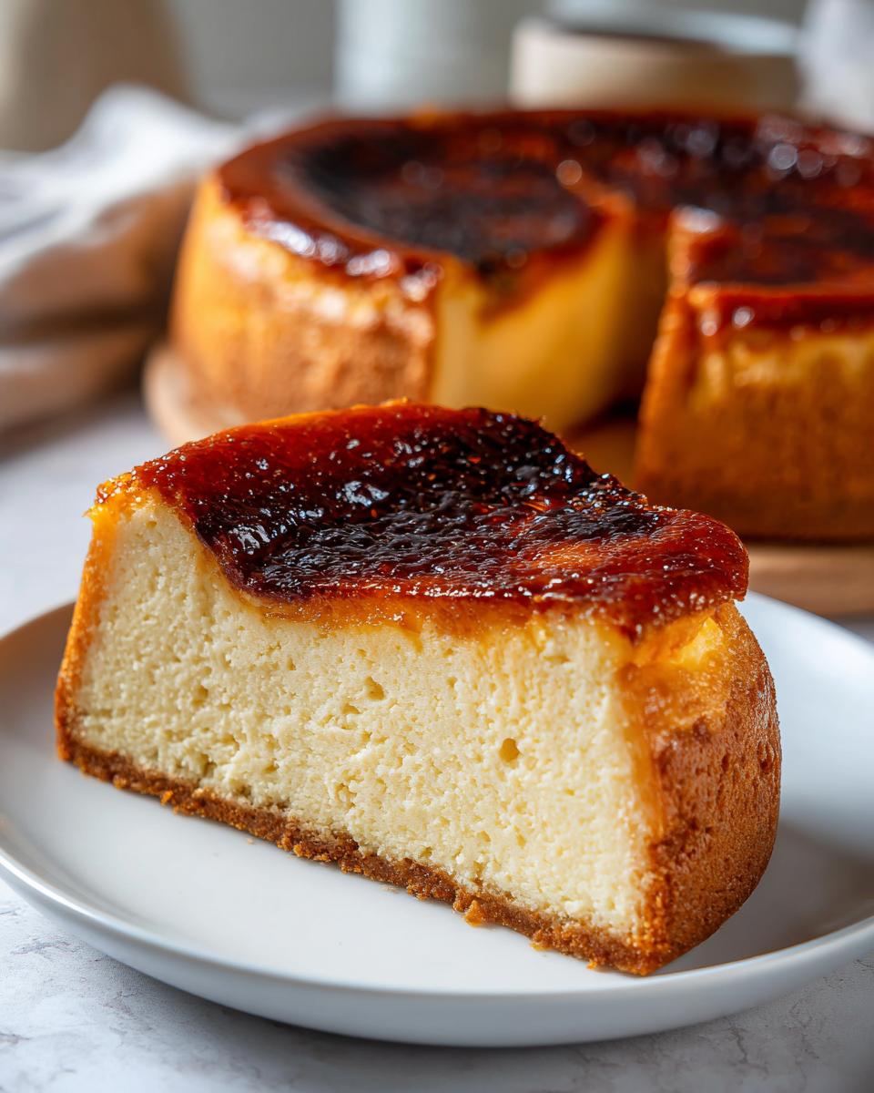 A perfect slice of creme brulee cheesecake on a white plate, featuring a creamy interior and a dark, caramelized top.