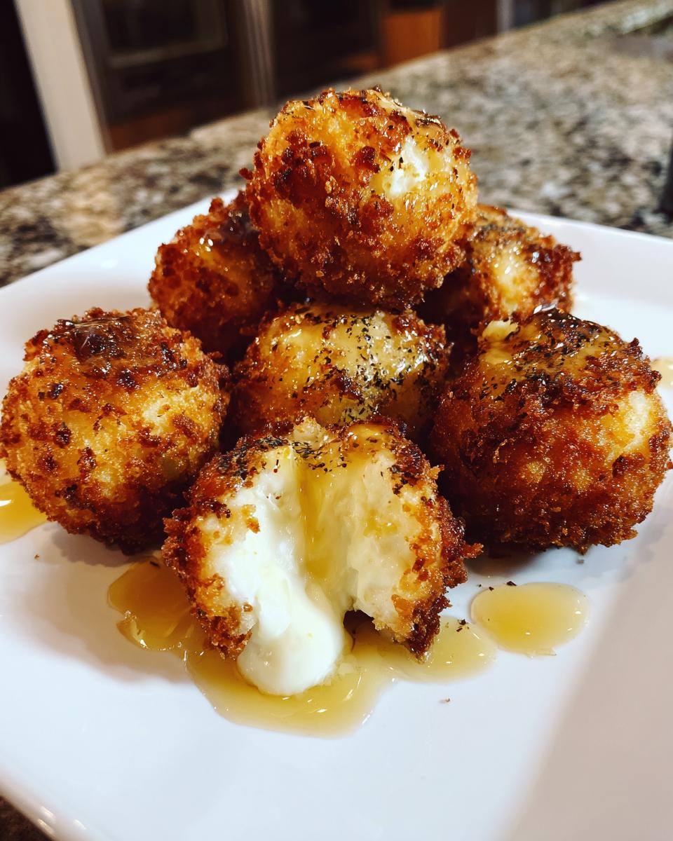 Close-up of crispy fried goat cheese balls, one is broken open showing the melted interior and honey drizzle.