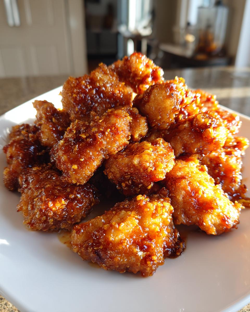 Close-up of crispy, glazed pieces of orange chicken recipe piled high on a white plate.
