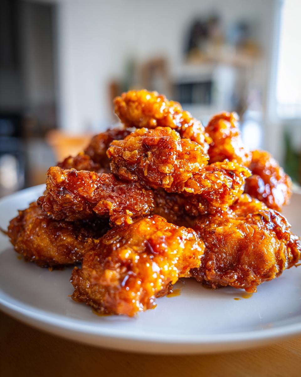 A close-up of crispy, glazed pieces of orange chicken recipe piled high on a white plate.