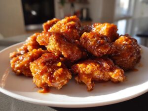 Close-up of crispy, glazed pieces of orange chicken recipe piled high on a white plate, glistening under bright light.