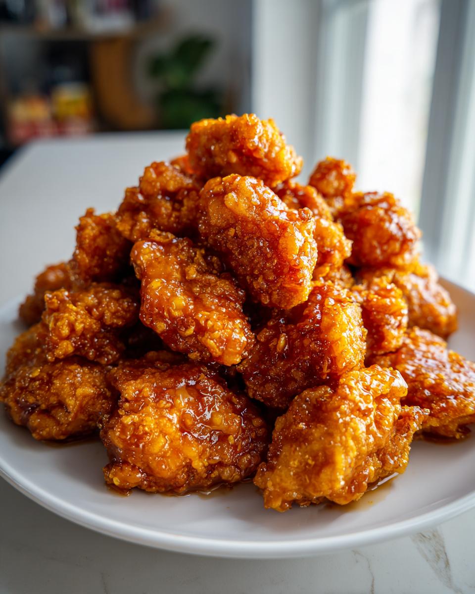A large pile of crispy, glazed pieces of orange chicken recipe piled high on a white plate.