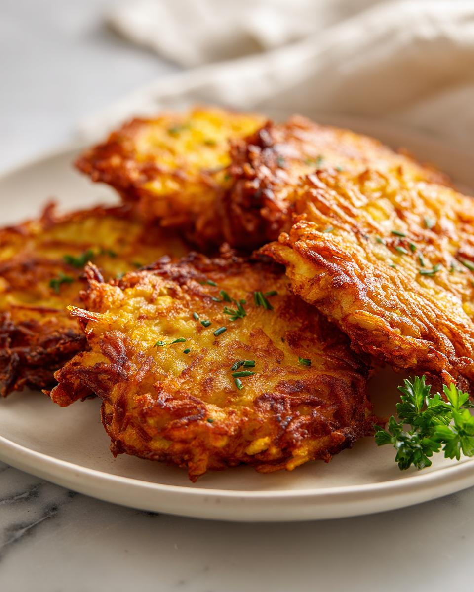 A close-up of four golden-brown, crispy Potato latkes garnished with chives and parsley.