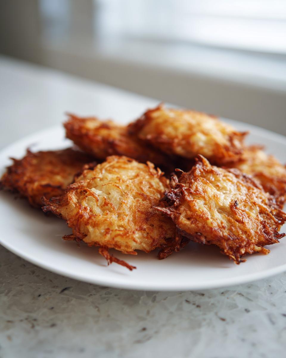 A plate piled high with golden brown, crispy Potato latkes, showing shredded texture.