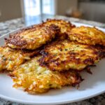 A close-up of several golden brown, crispy potato latkes piled high on a white plate.