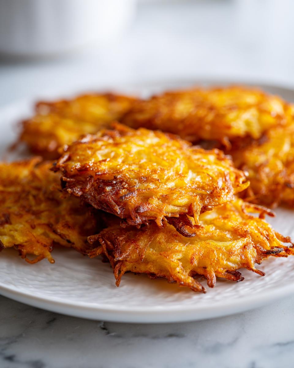 Close-up of several perfectly crispy, golden brown potato latkes stacked on a white textured plate.