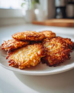 A stack of perfectly golden brown and crispy potato latkes served on a white plate in bright sunlight.