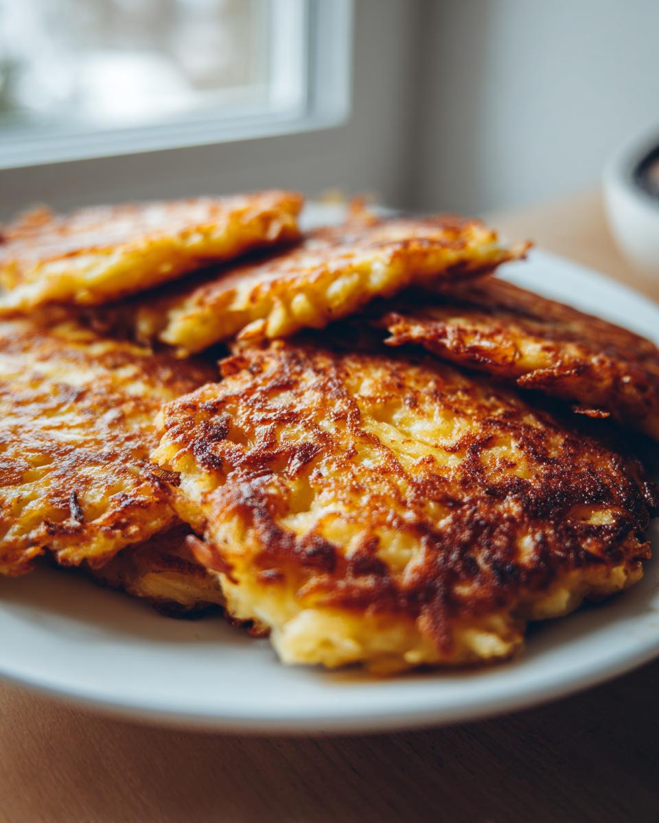 A close-up of several golden brown, crispy potato latkes stacked on a white plate near a window.