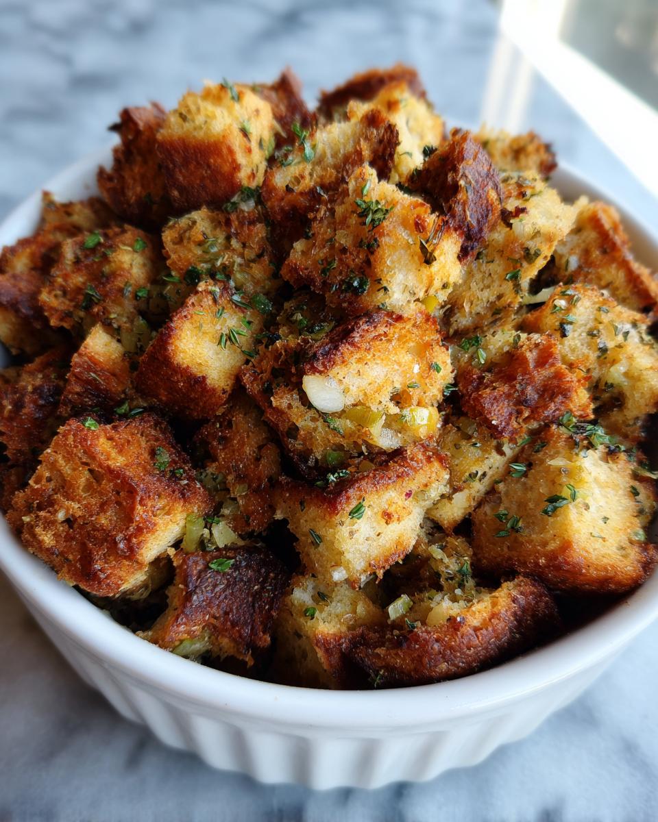 Close-up of golden brown, herb-topped bread cubes in a white bowl, showcasing the texture of the crock pot stuffing.