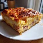 A golden-brown slice of Croissant Breakfast Casserole with visible layers of egg, ham, and flaky pastry on a white plate.