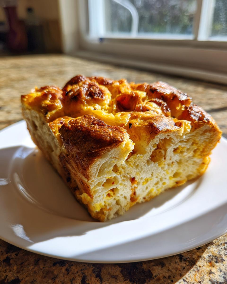 A square slice of golden-brown Croissant Breakfast Casserole resting on a white plate near a sunny window.