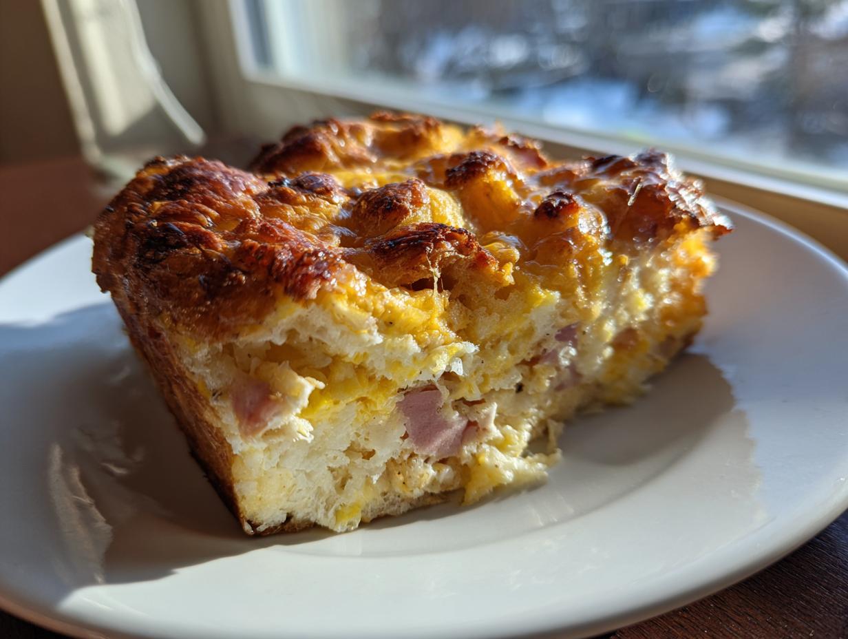 A square slice of baked Croissant Breakfast Casserole with ham and cheese, featuring a golden-brown, crusty top.