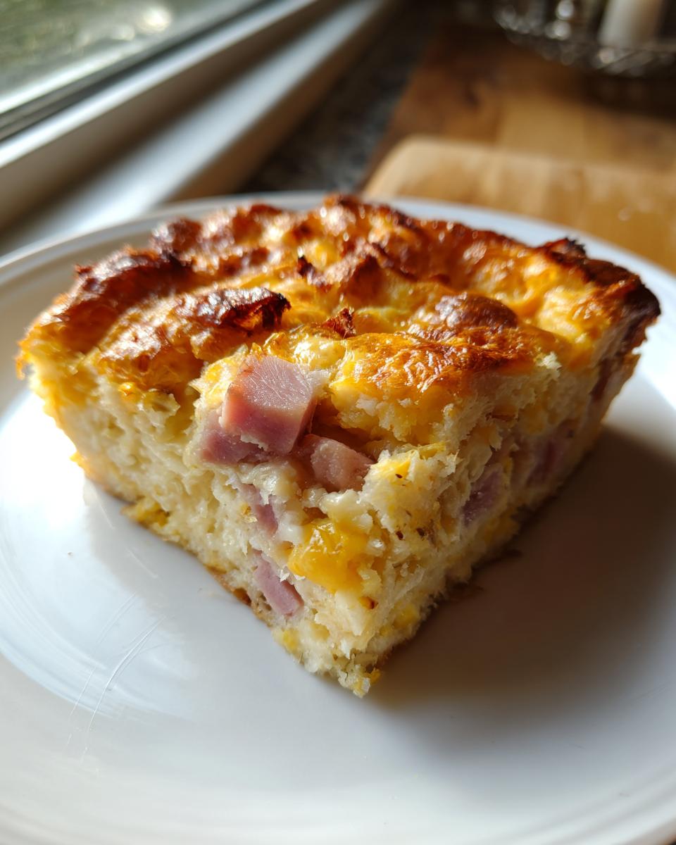 A golden-brown slice of Croissant Breakfast Casserole featuring visible cubes of ham and melted cheddar cheese.