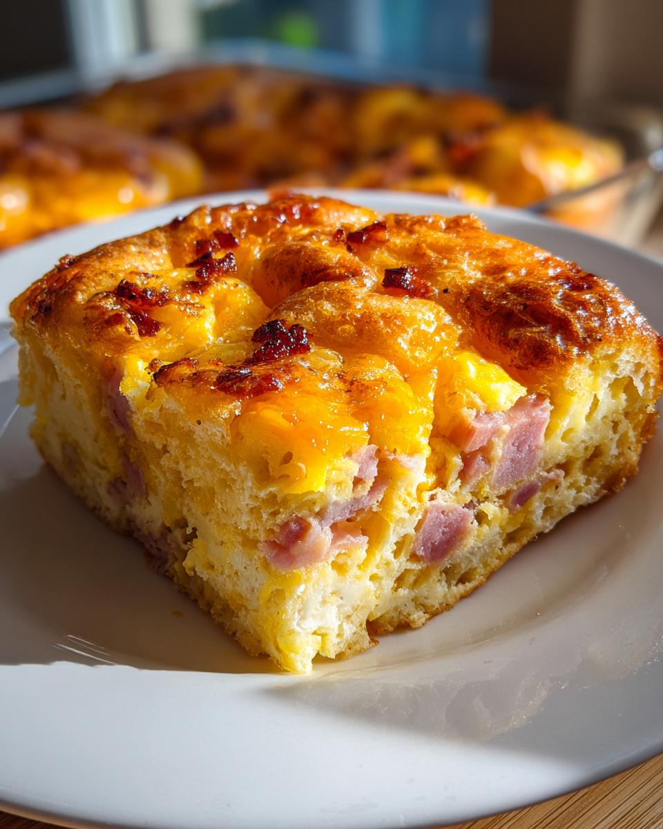 A close-up slice of golden Croissant Breakfast Casserole featuring visible layers of ham, egg, and melted cheddar cheese.