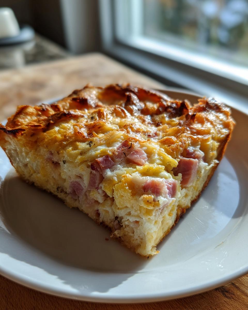 A golden-brown slice of Croissant Breakfast Casserole with visible chunks of ham and melted cheese, served on a white plate.