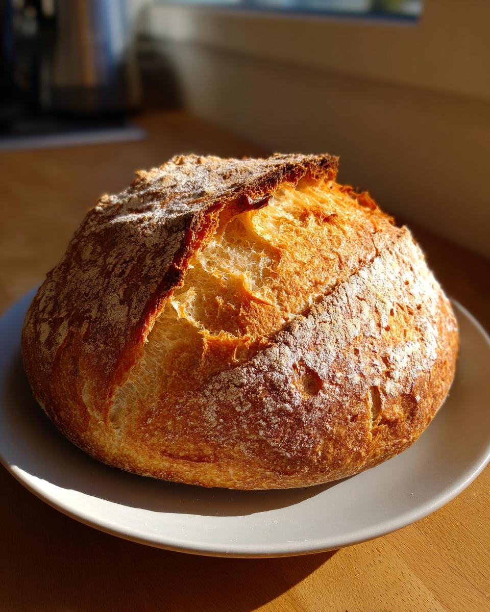 A beautifully baked, round loaf of italian bread with a golden, cracked crust dusted with flour, sitting on a light gray plate.