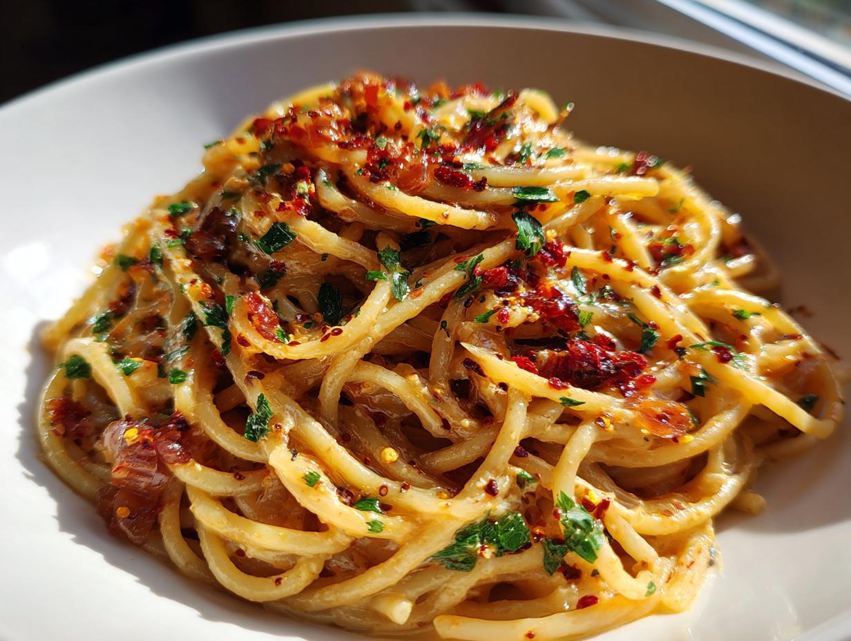 A close-up of a creamy serving of caramelized onion pasta topped with fresh parsley and red pepper flakes.