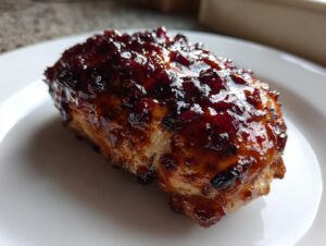 A single serving of baked cranberry chicken breast with a thick, glossy, dark red cranberry glaze.