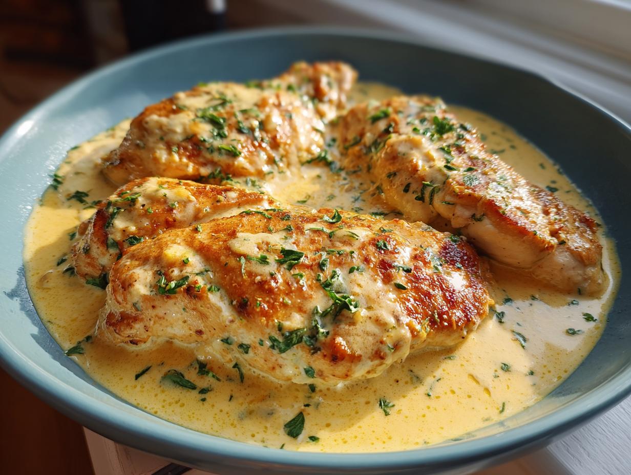 Four golden-brown chicken breasts swimming in a rich, yellow creamy lemon chicken sauce, garnished with fresh parsley.