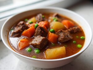 Close-up of a white bowl filled with rich vegetable beef soup featuring chunks of beef, carrots, potatoes, and peas.