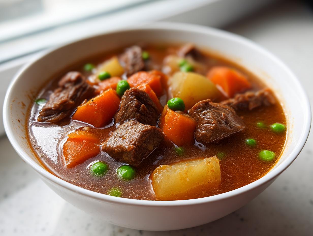 Close-up of a white bowl filled with rich vegetable beef soup featuring chunks of beef, carrots, potatoes, and peas.