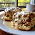 Close-up of two fluffy biscuits smothered in creamy sausage gravy, perfect for biscuits and gravy brunch.
