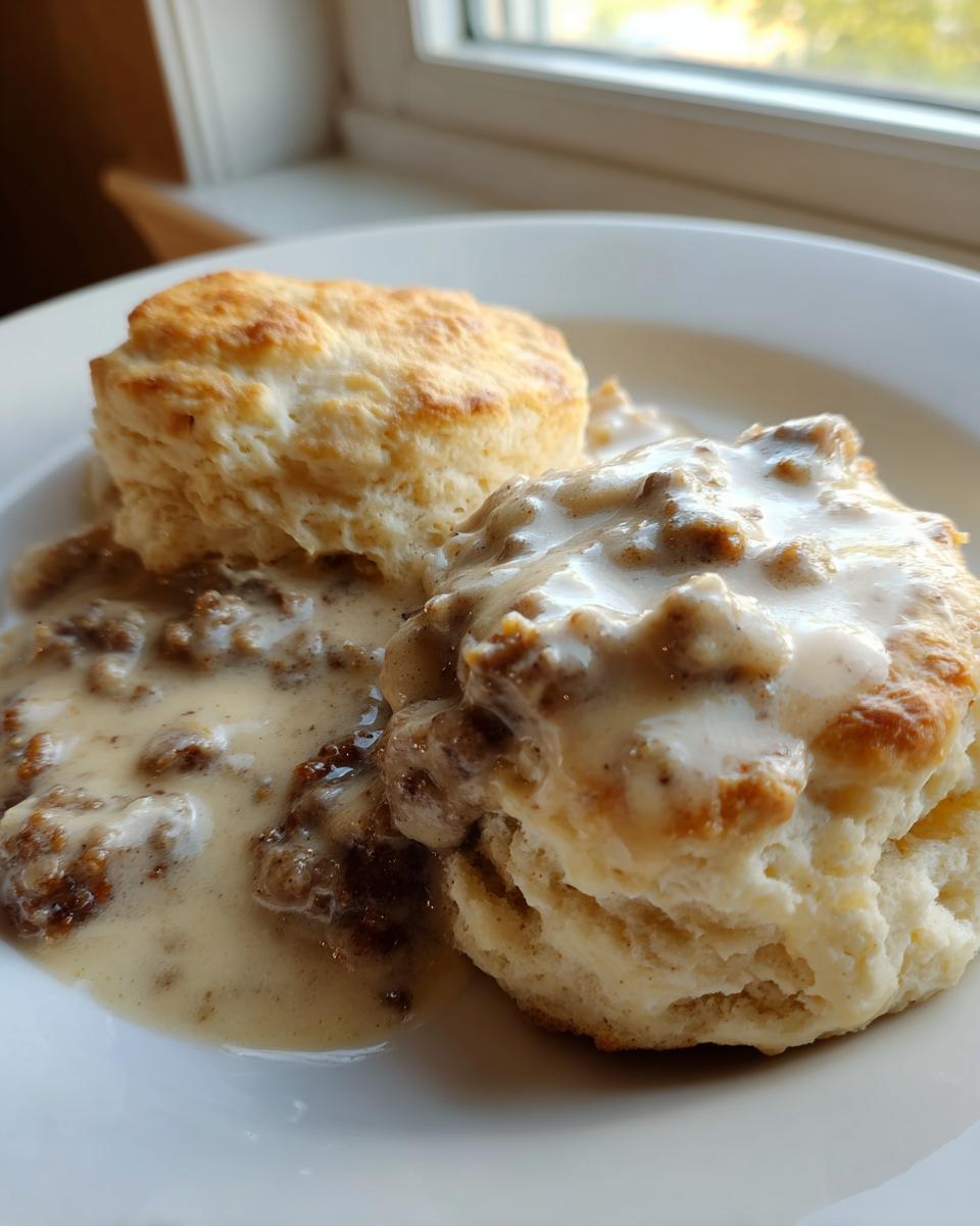 Close-up of two fluffy biscuits smothered in creamy sausage gravy, a classic biscuits and gravy dish.