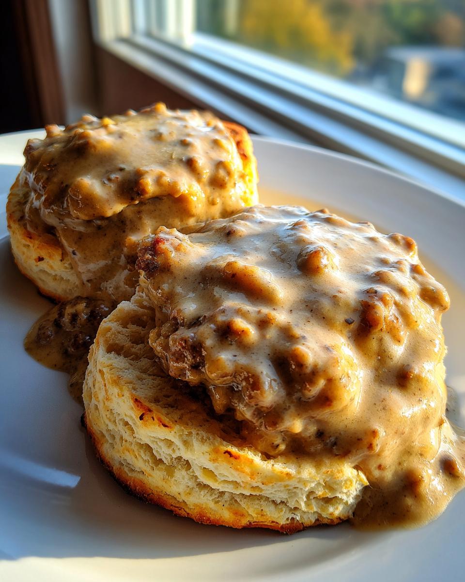 Two fluffy biscuits smothered in creamy sausage gravy, perfect for brunch biscuits and gravy.