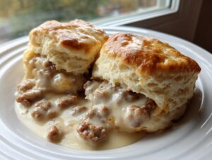 Two halves of a golden biscuit smothered in creamy sausage gravy for perfect biscuits and gravy.