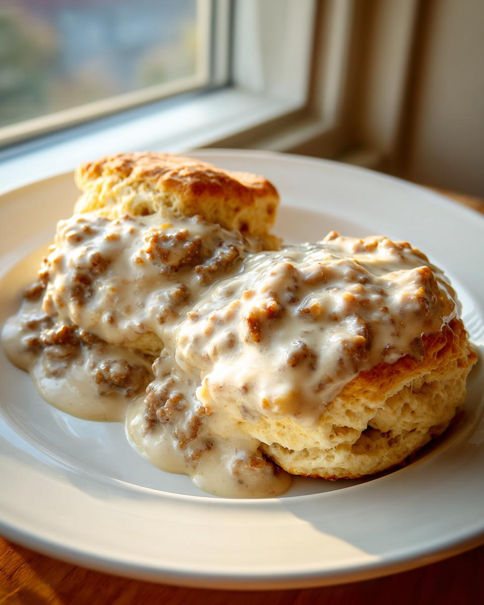 Two fluffy biscuits smothered in creamy sausage gravy, the perfect biscuits and gravy for brunch.
