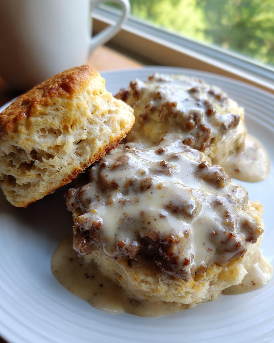 Close-up of fluffy biscuits smothered in rich sausage gravy, perfect for biscuits and gravy brunch.