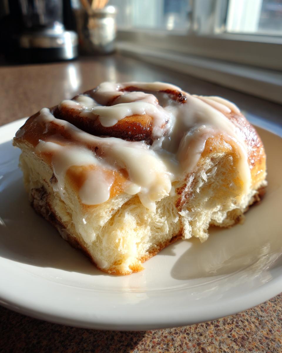 A close-up of a single, fluffy cinnamon roll generously topped with white cream cheese icing, sitting on a white plate.