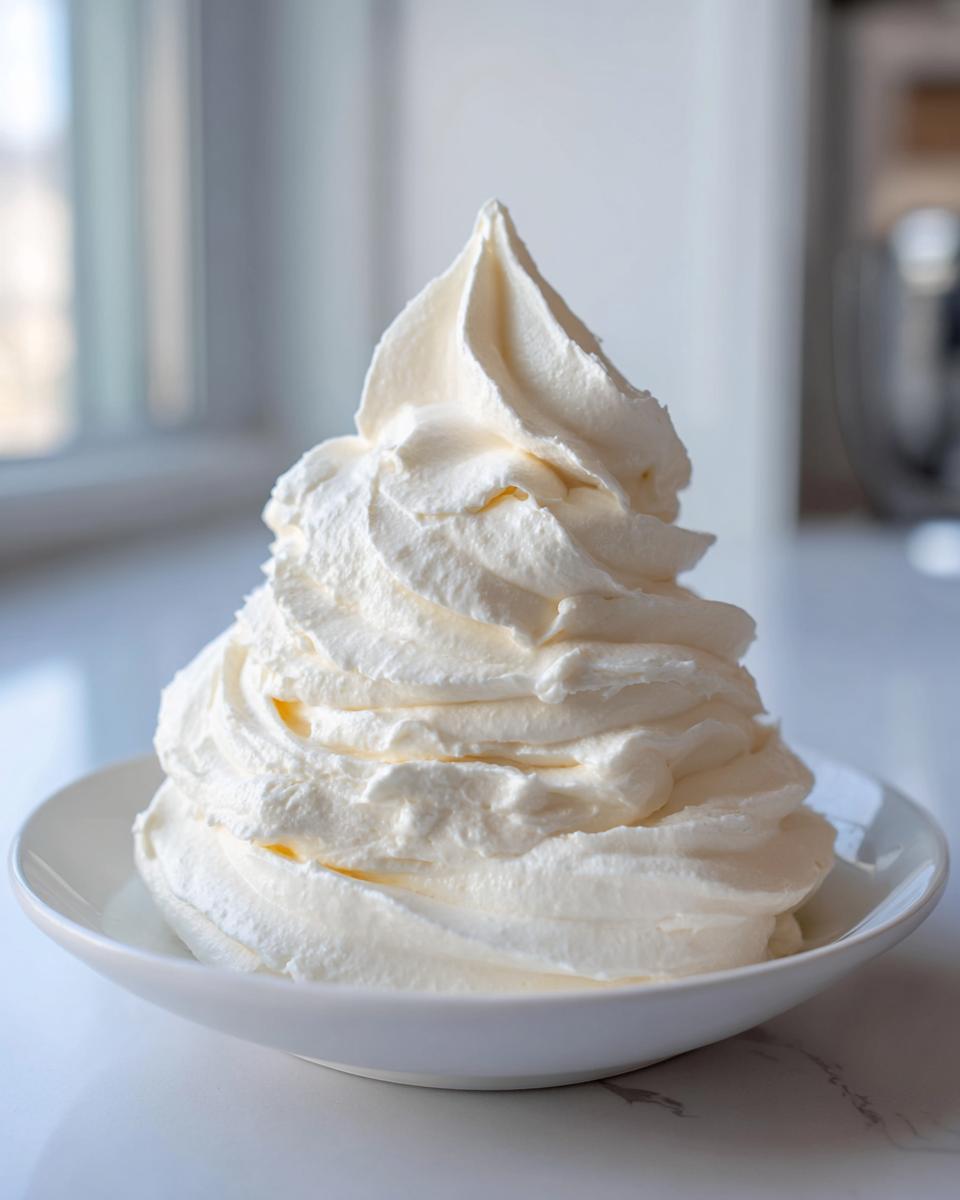A tall, perfectly piped swirl of fluffy white cream cheese frosting in a small white bowl.
