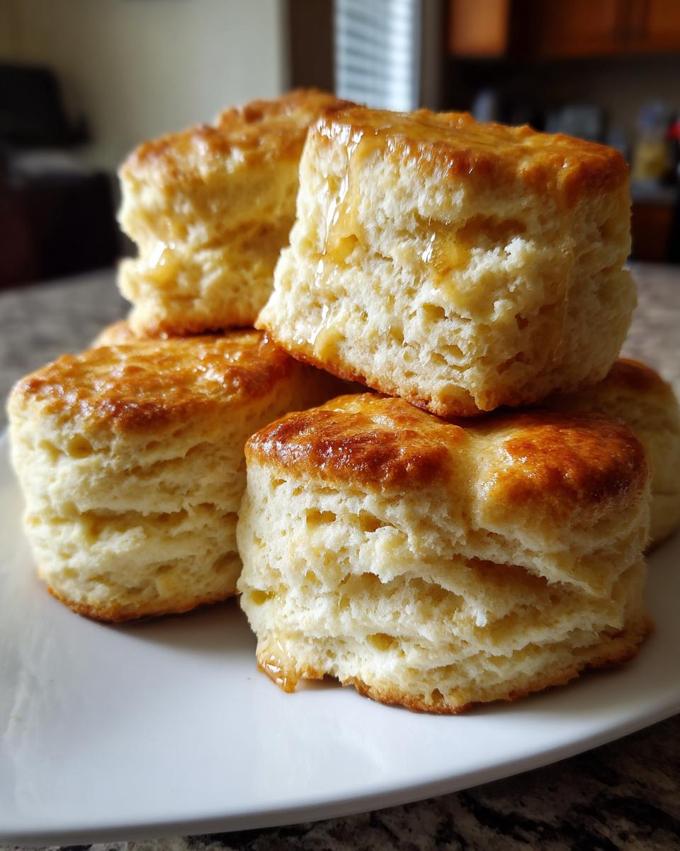 A stack of fluffy, golden-brown sweet potato biscuits drizzled with honey on a white plate.