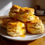 A stack of golden brown sweet potato biscuits drizzled generously with honey on a light plate.