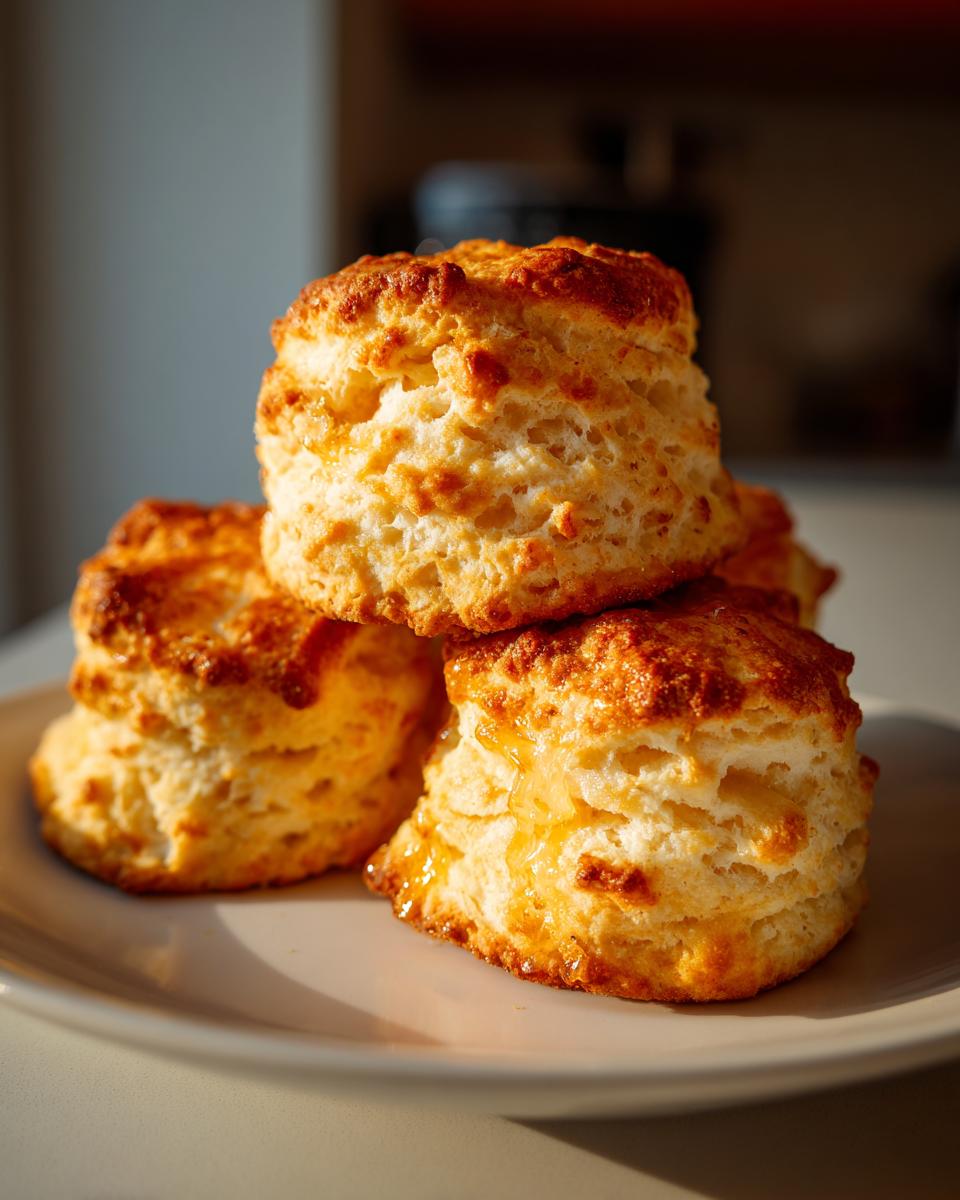 A stack of three golden-brown, flaky sweet potato biscuits drizzled with honey or syrup.