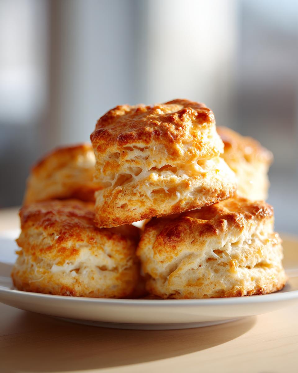 A close-up stack of golden-brown, flaky sweet potato biscuits resting on a white plate.