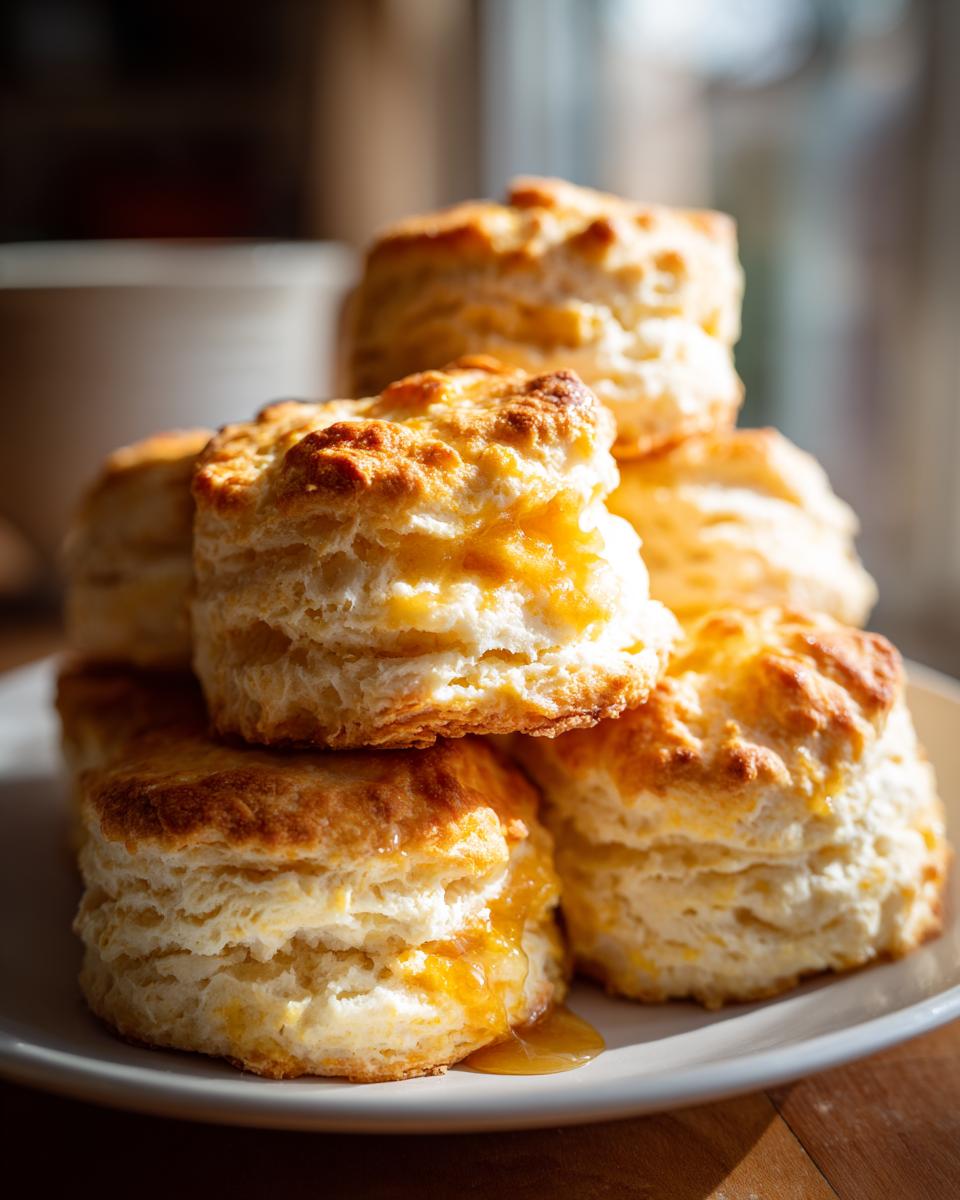 A stack of golden brown, flaky sweet potato biscuits drizzled with orange glaze on a white plate.
