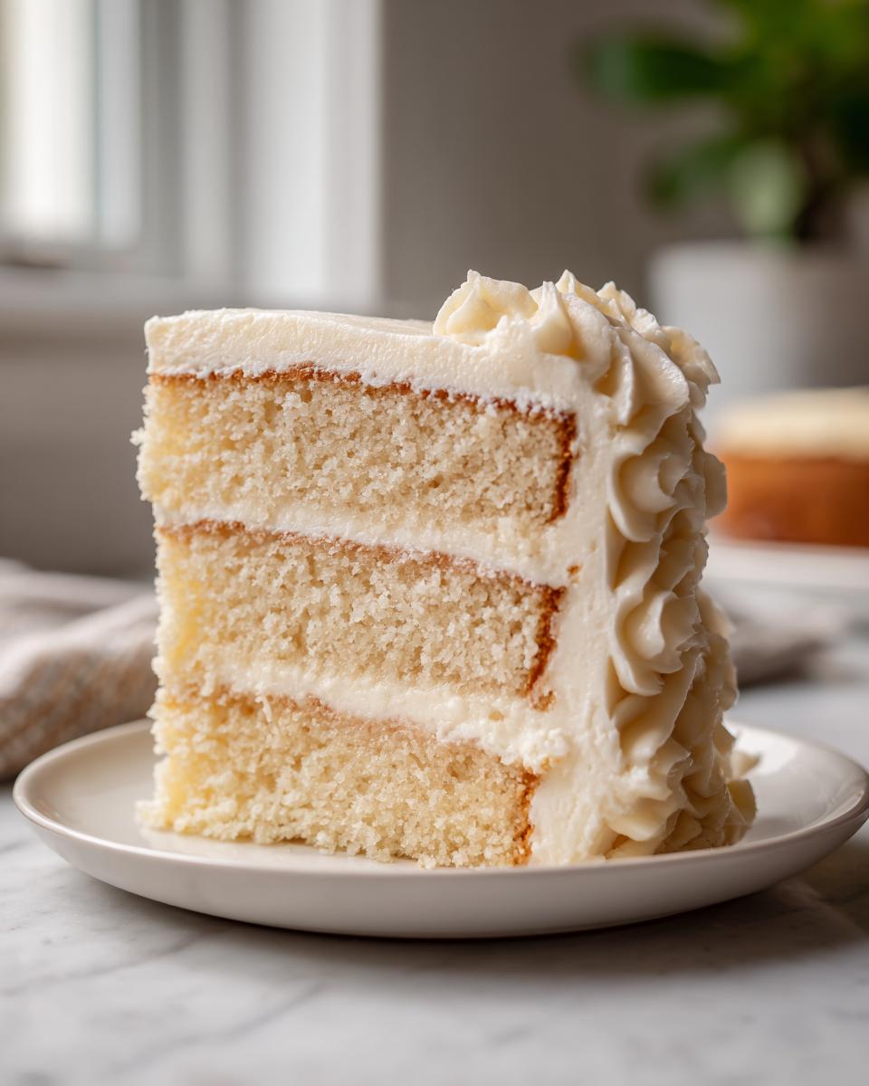A tall, moist slice of three-layer vanilla cake recipe with rich white frosting.