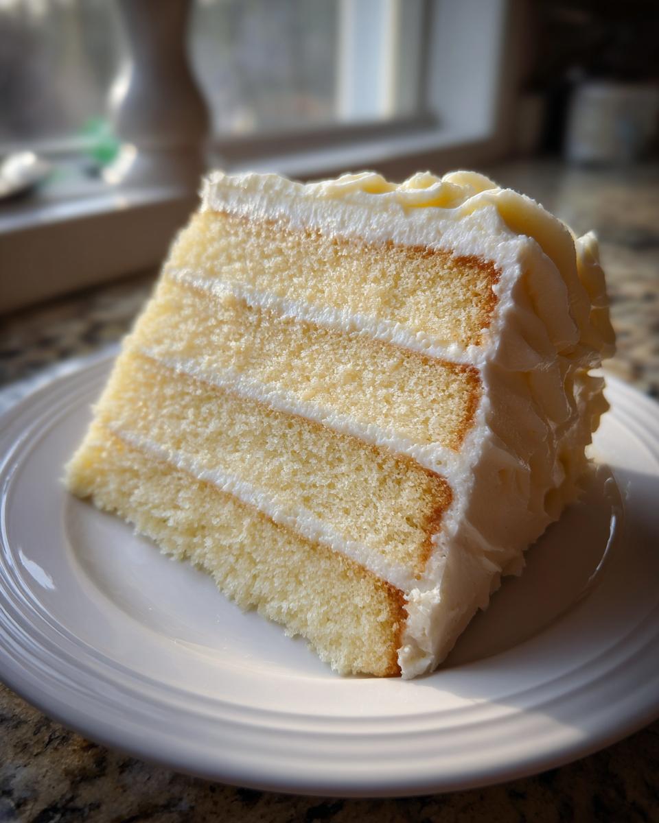 A tall slice of fluffy vanilla cake recipe with four layers of cake and three layers of white frosting on a white plate.