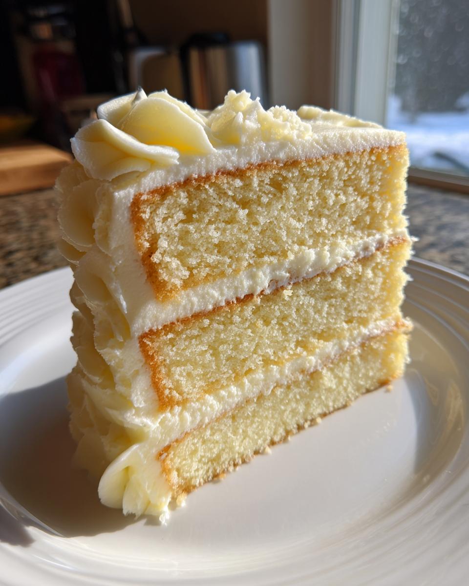 Close-up of a moist, two-layer slice of vanilla cake recipe with rich white frosting.