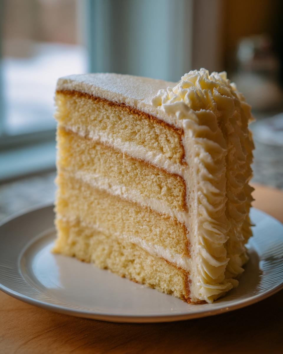 A tall, moist slice of vanilla cake recipe with three layers and thick white frosting, served on a white plate.