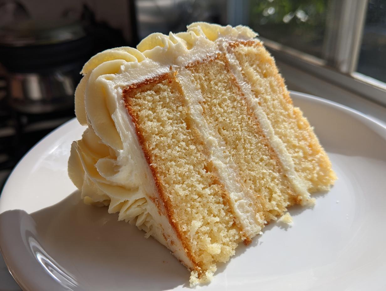 A close-up of a moist slice from a vanilla cake recipe showing three layers of cake and white frosting.