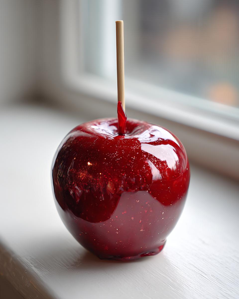 A single, perfectly coated, deep red candy apple with edible glitter resting on a white surface near a window.