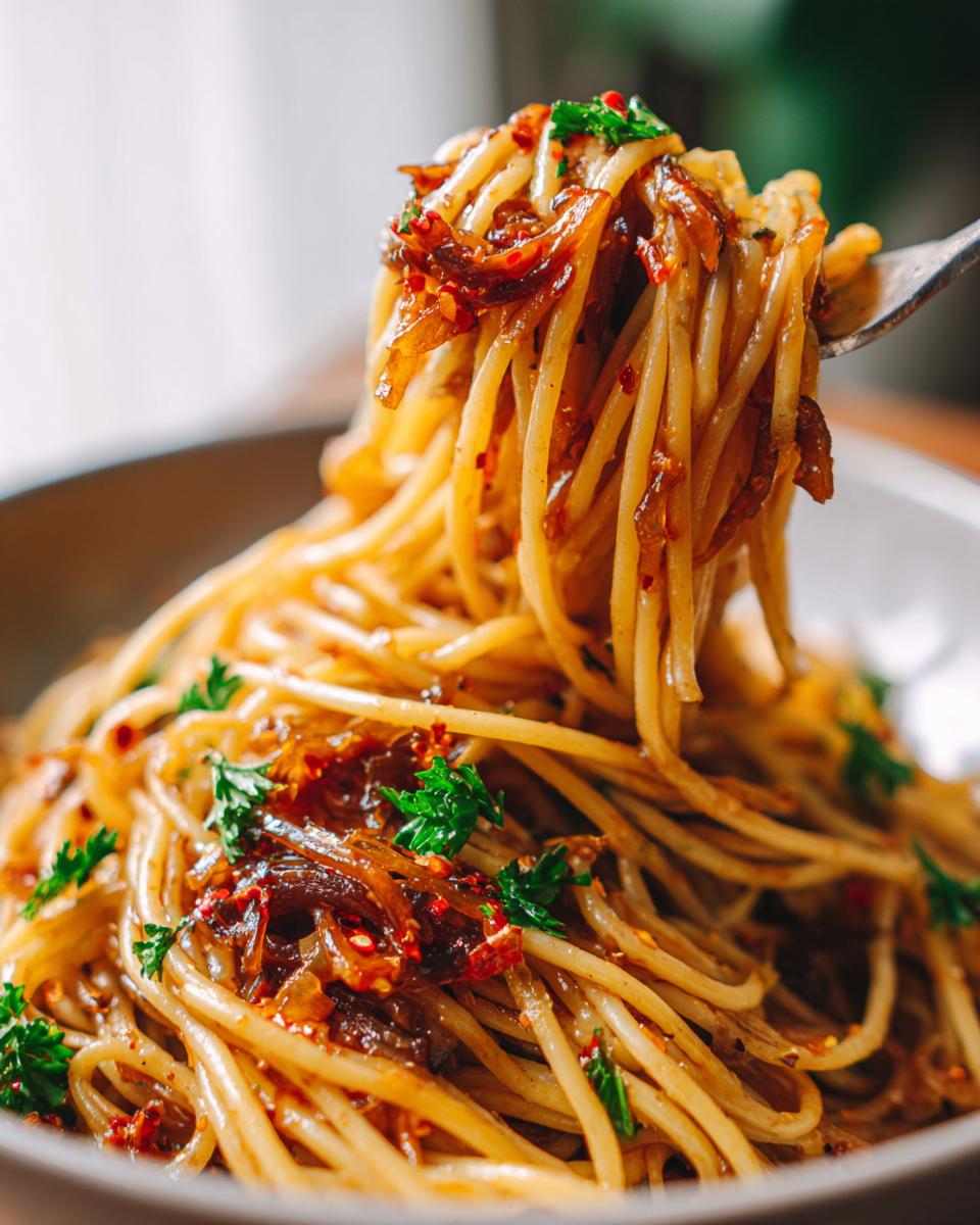 A fork lifting a generous portion of spaghetti tossed in caramelized onion pasta sauce, garnished with fresh parsley.