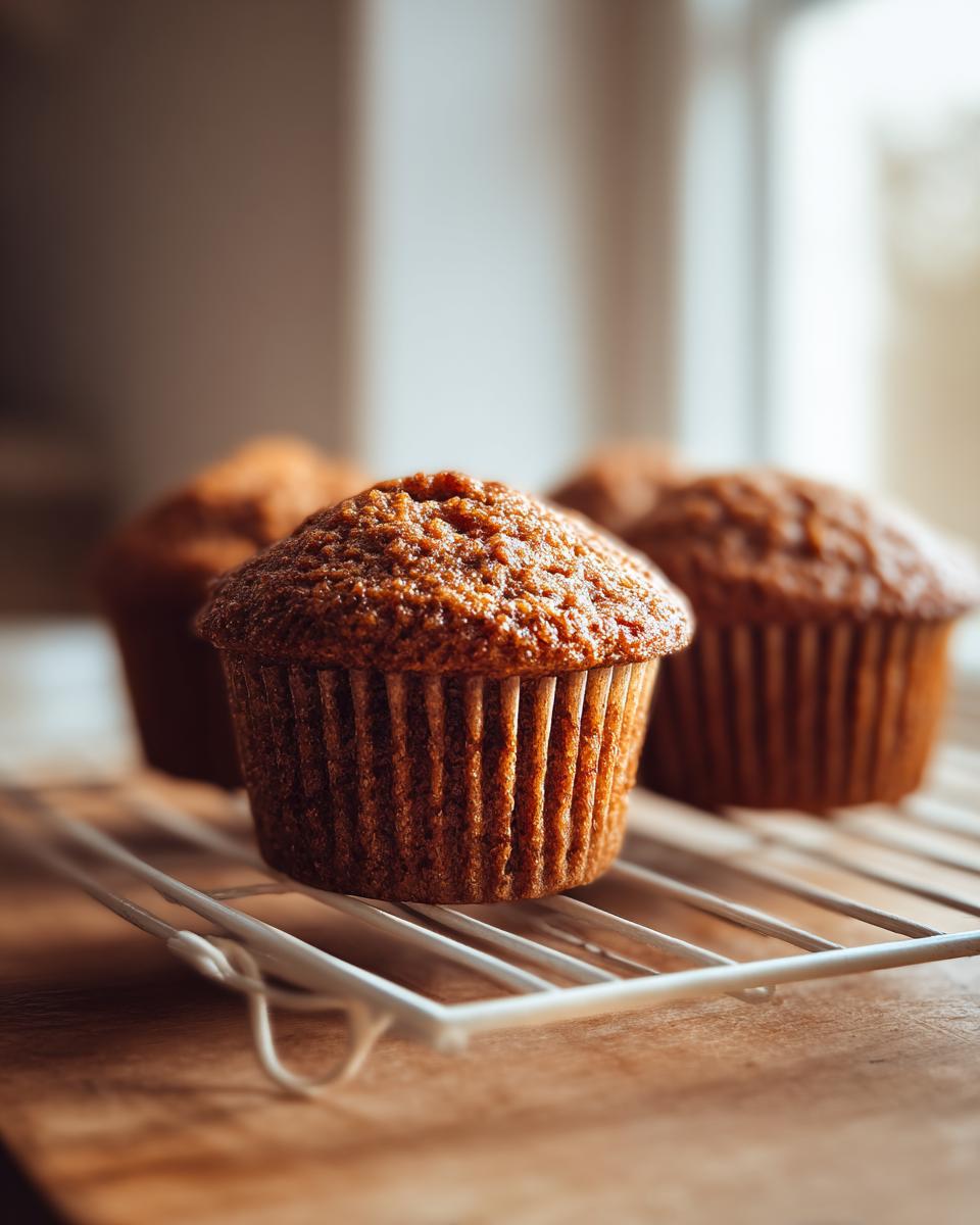 Close-up of a golden brown honey bran muffin cooling on a white wire rack with others blurred in the background.