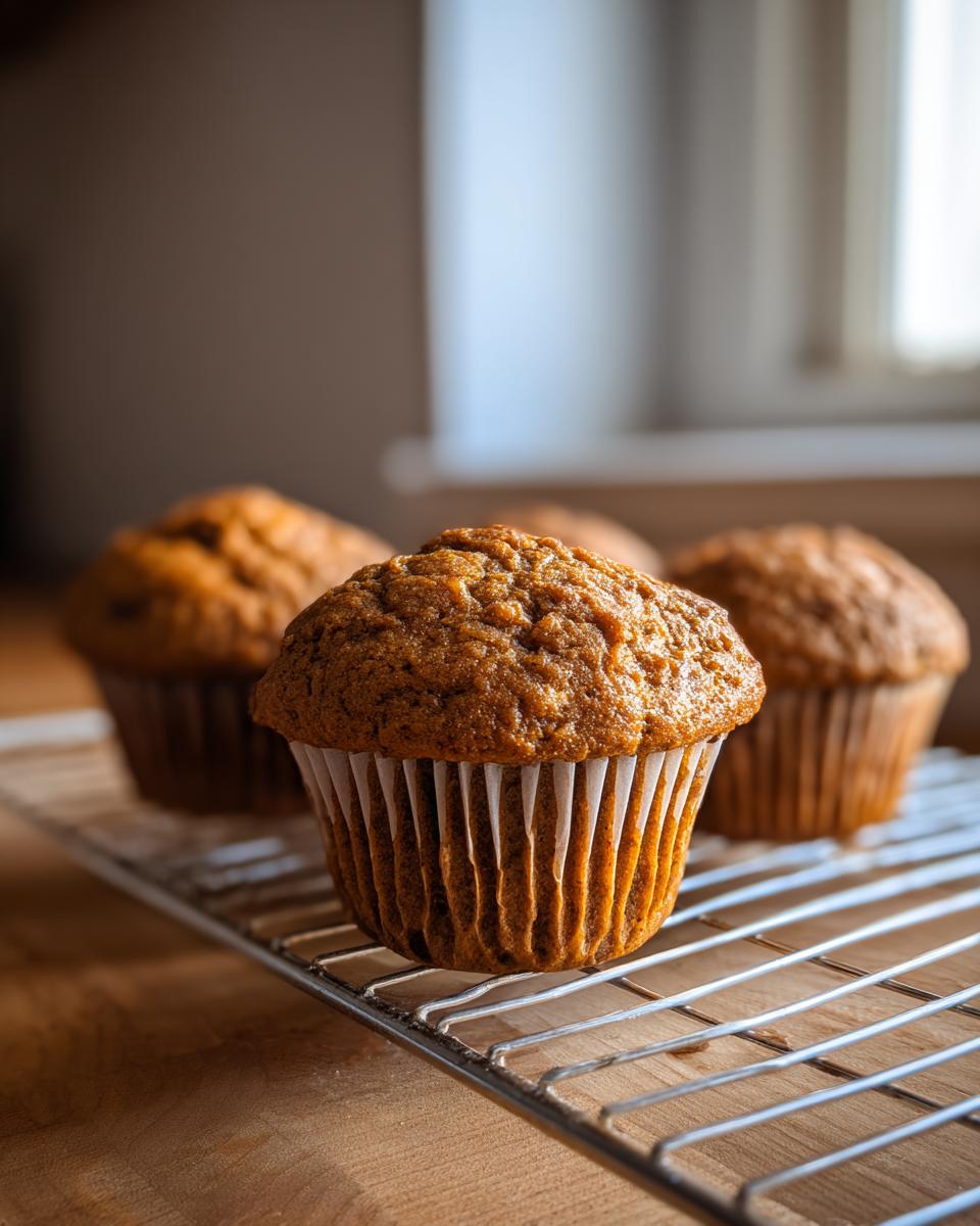Close-up of a golden brown honey bran muffin cooling on a wire rack with other muffins blurred in the background.