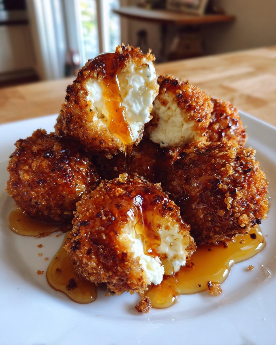 Close-up of crispy fried goat cheese balls, one broken open, drizzled heavily with golden honey.