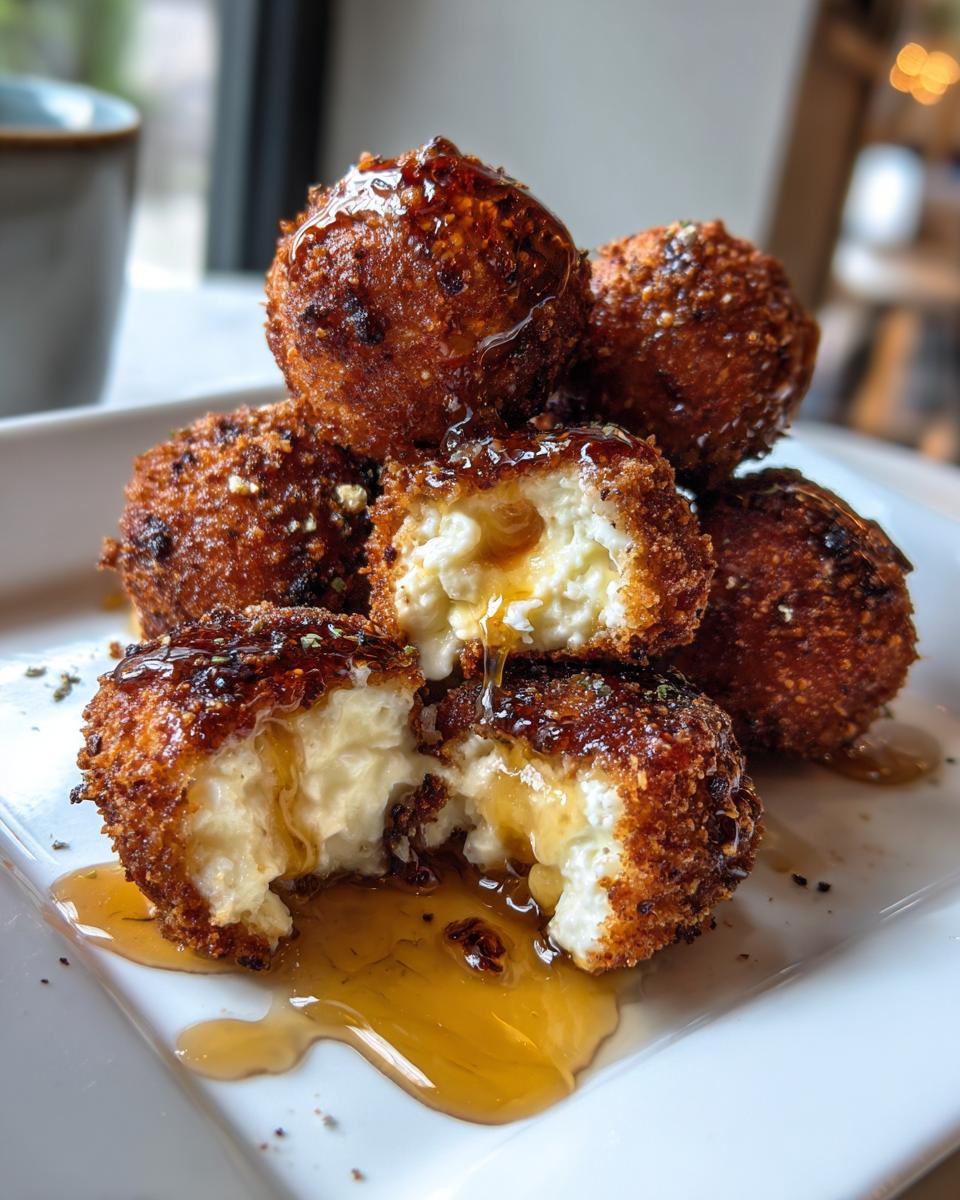 Close-up of crispy fried goat cheese balls, one is cut open revealing soft cheese, drizzled with honey.
